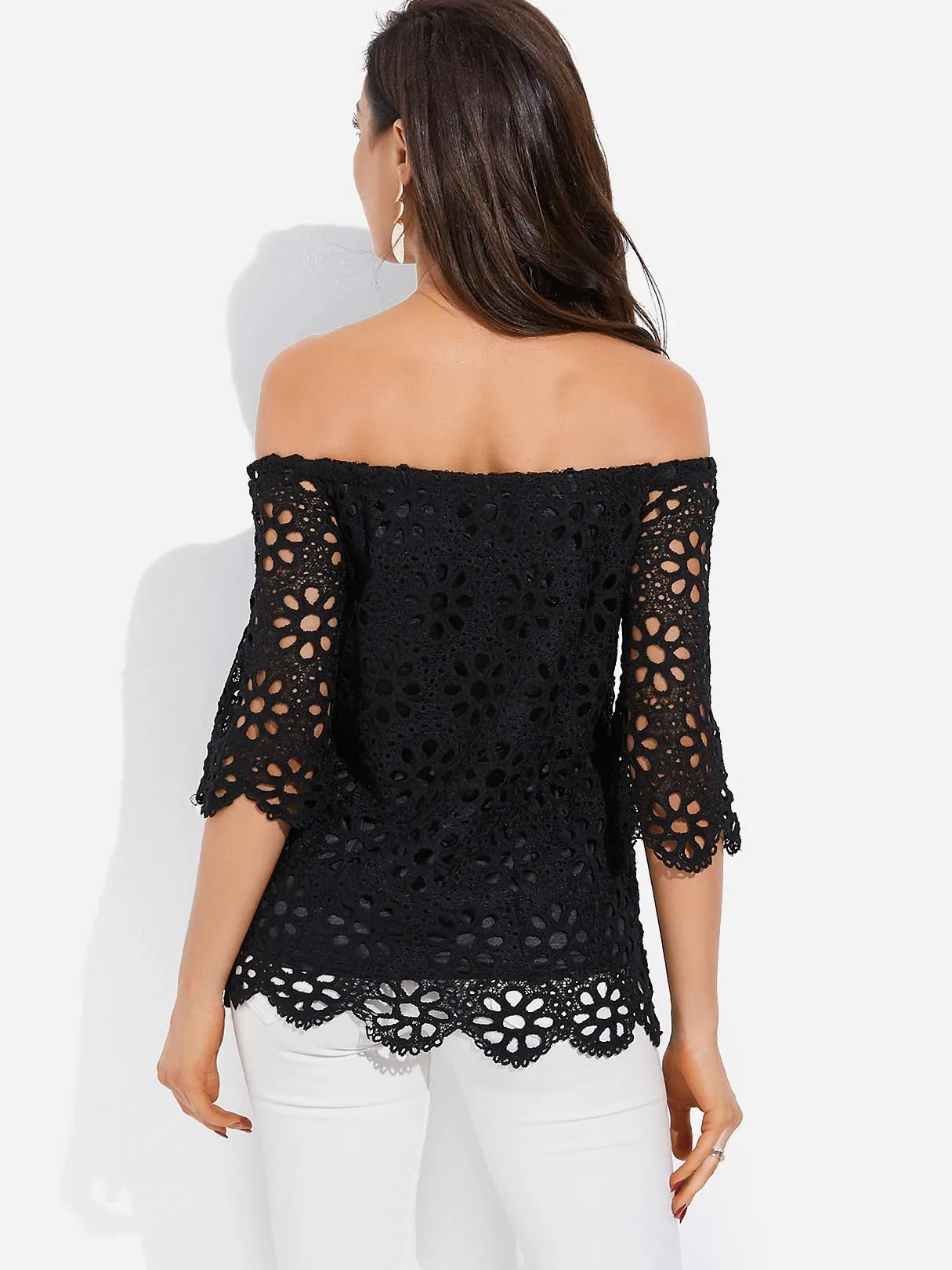 OEM ODM Off The Shoulder Plain Lace 3/4 Sleeve Black Blouses