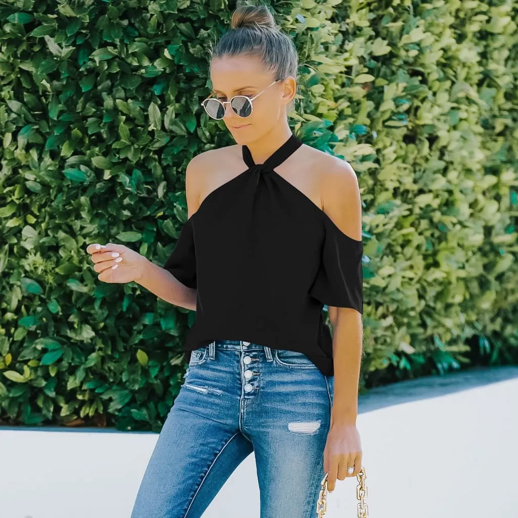 Off Shoulder Halter Asymmetrical  Blouse