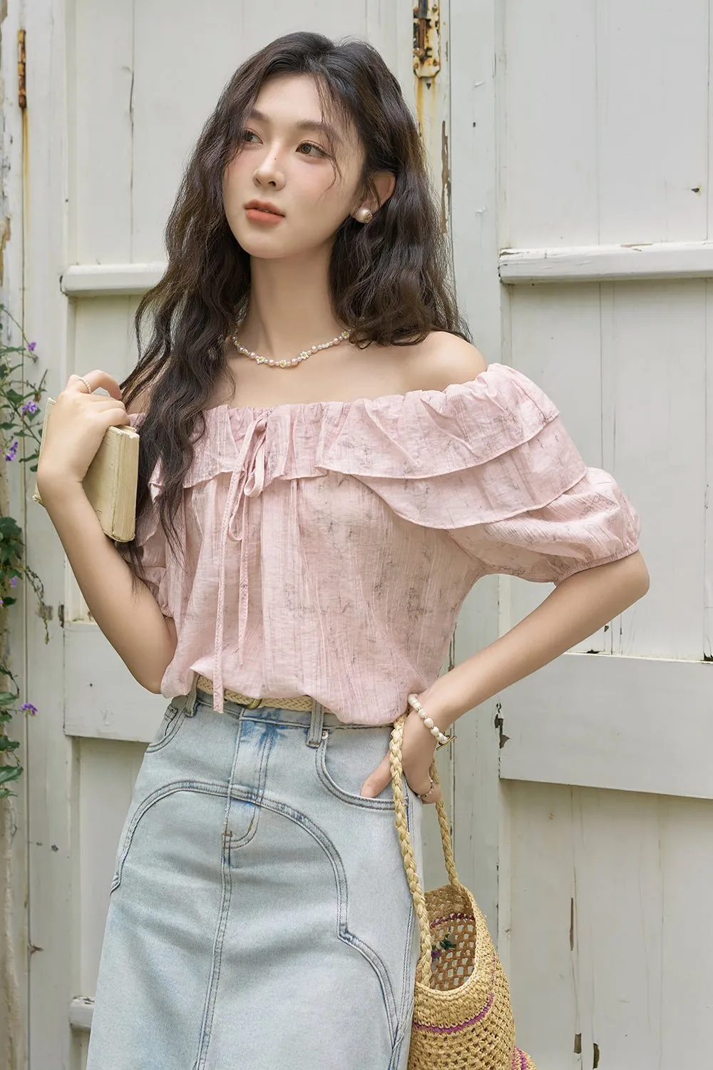 Off the Shoulder Pink Chiffon Blouse for Women