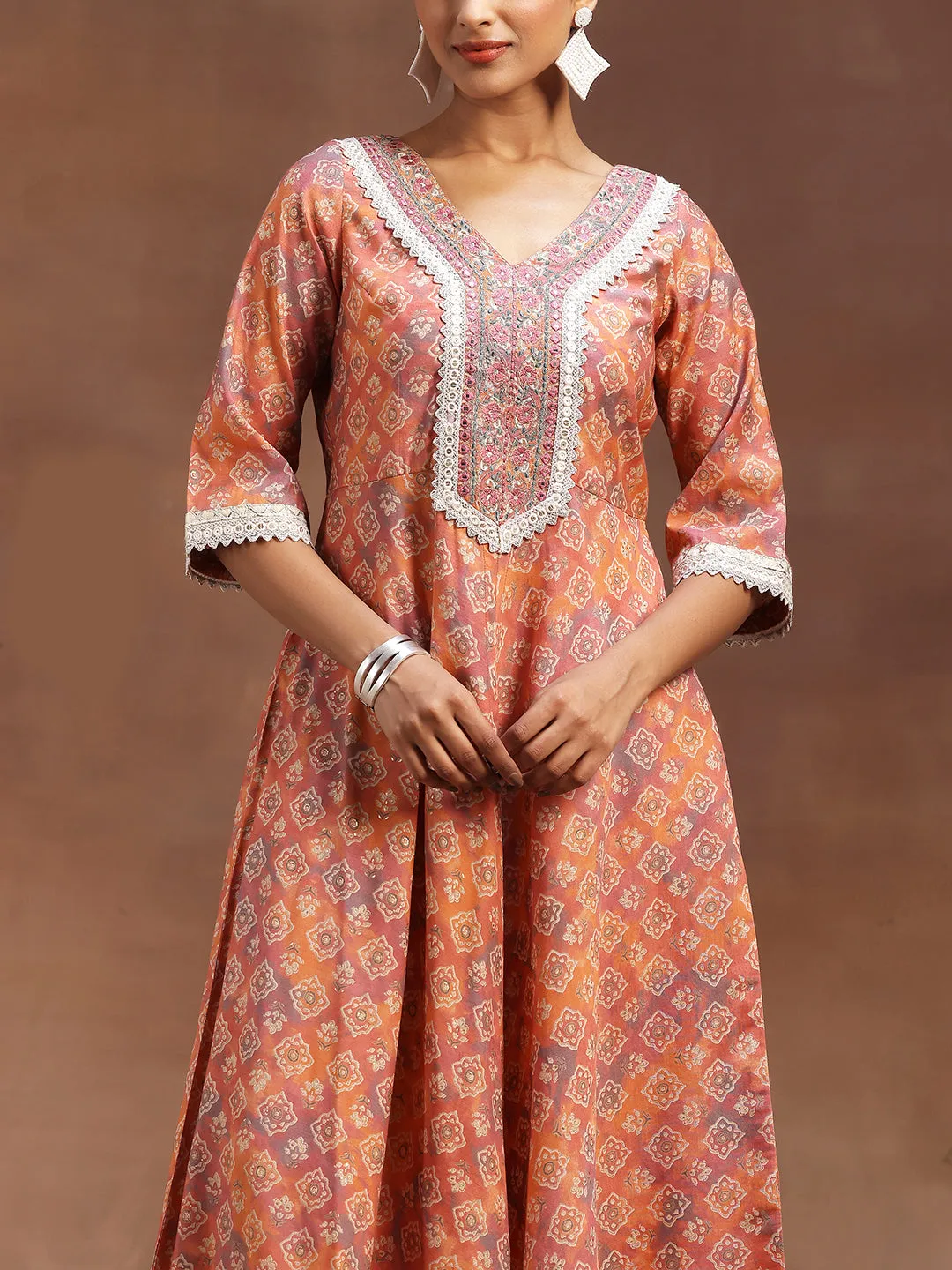 Peach Printed Silk Blend A-Line Kurta With Trousers & Dupatta