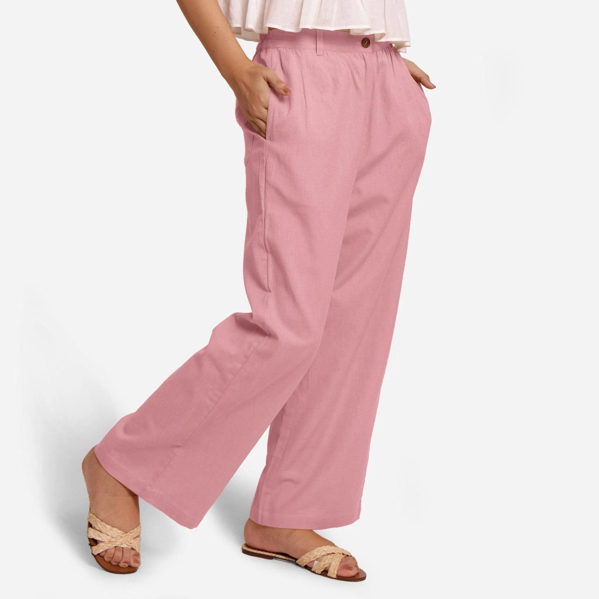 Pink Cotton Flax Elasticated Wide Legged Straight Pant