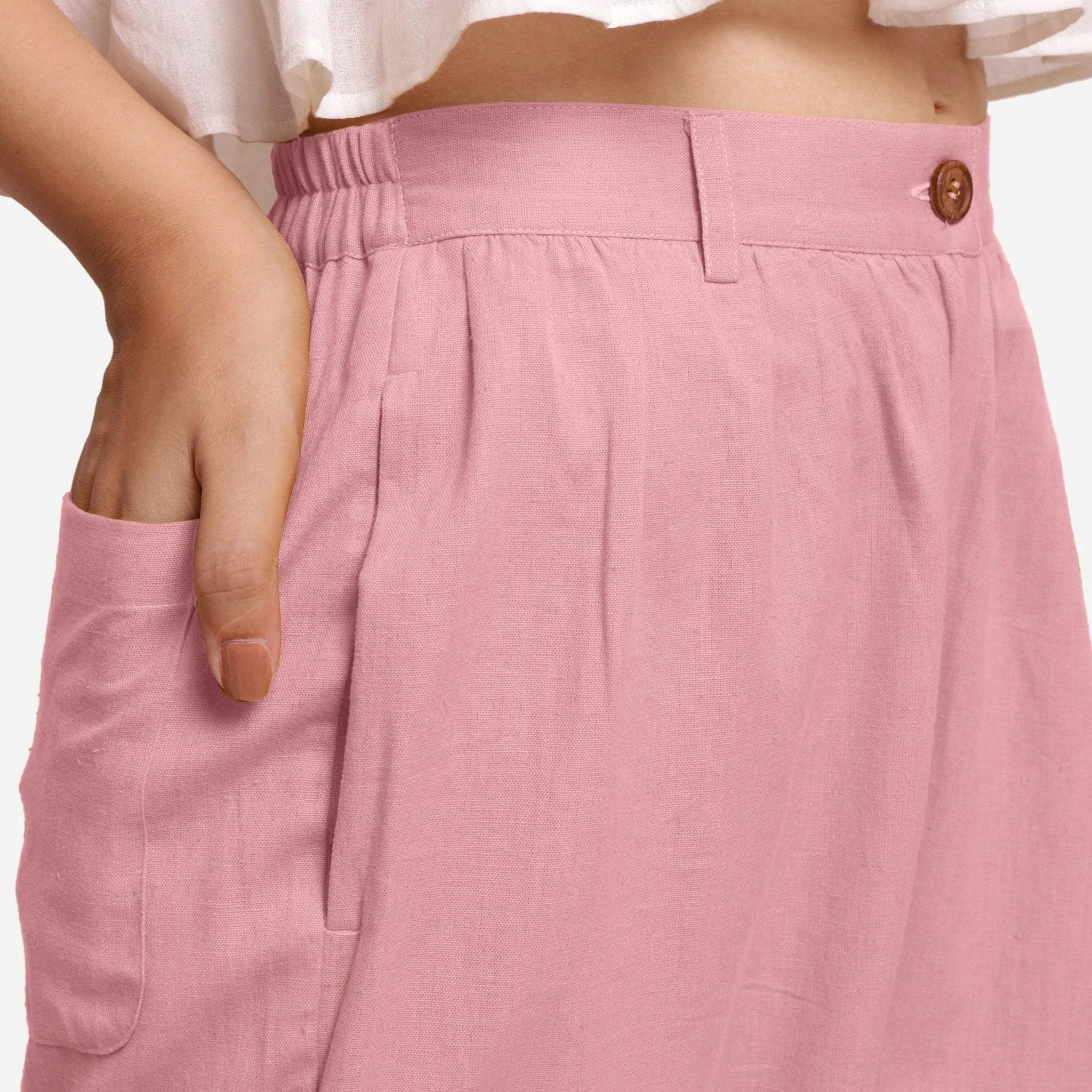 Pink Cotton Flax Elasticated Wide Legged Straight Pant