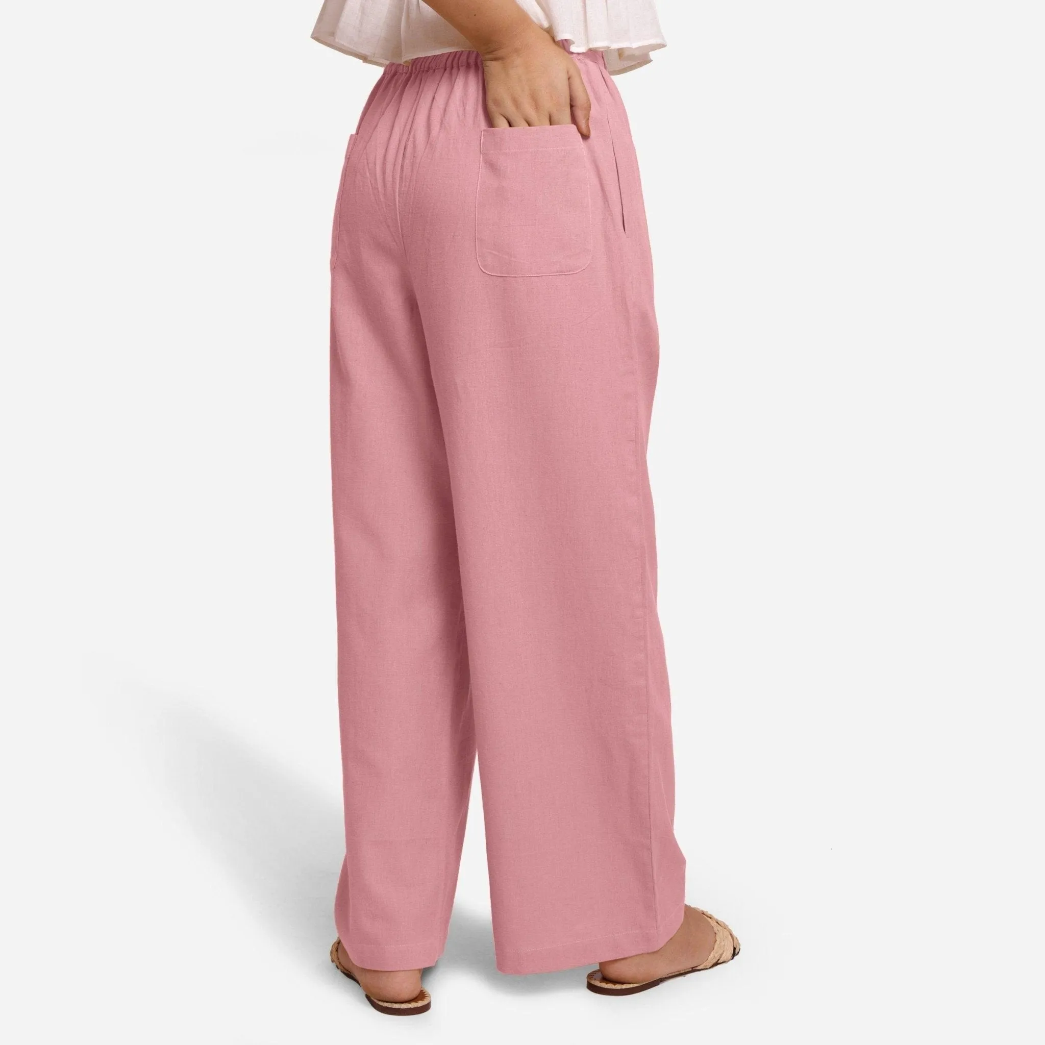 Pink Cotton Flax Elasticated Wide Legged Straight Pant