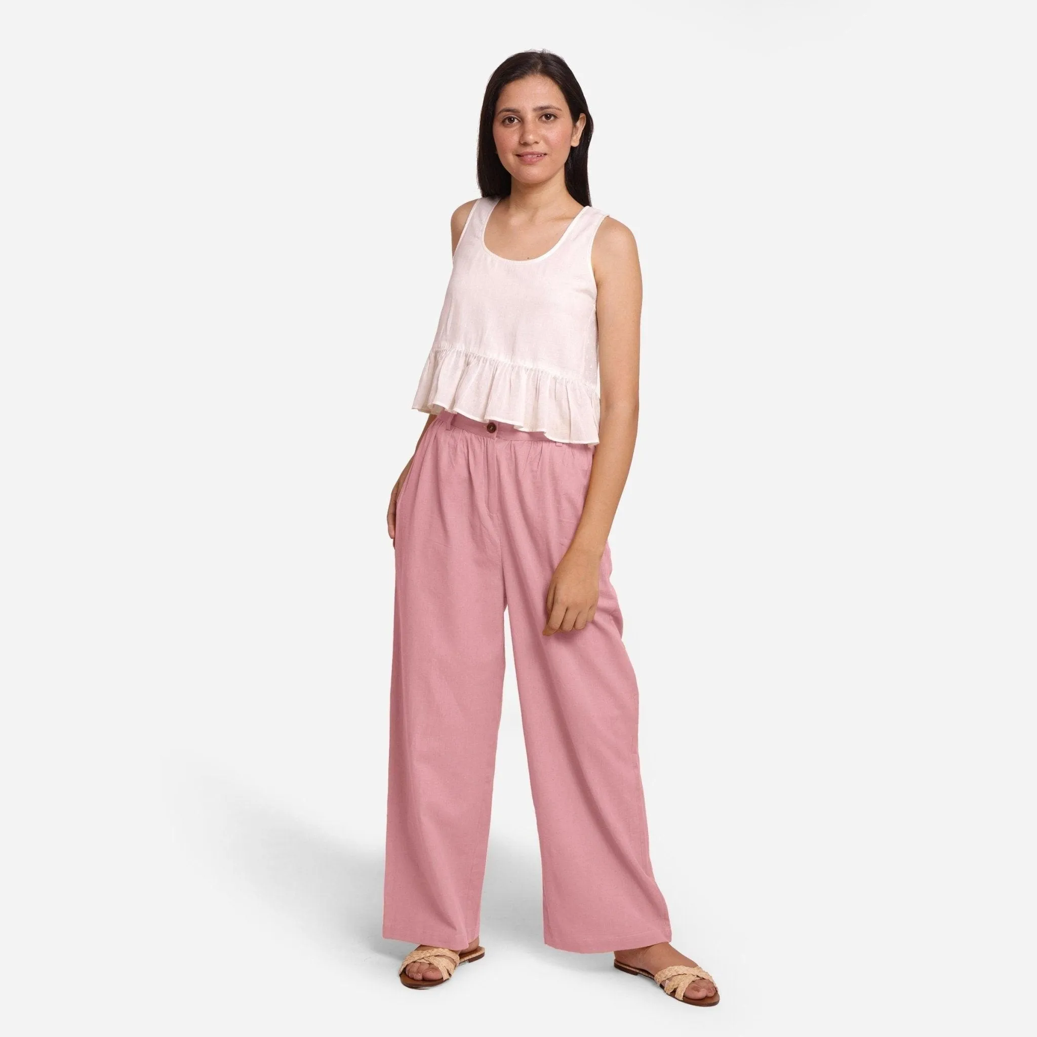 Pink Cotton Flax Elasticated Wide Legged Straight Pant