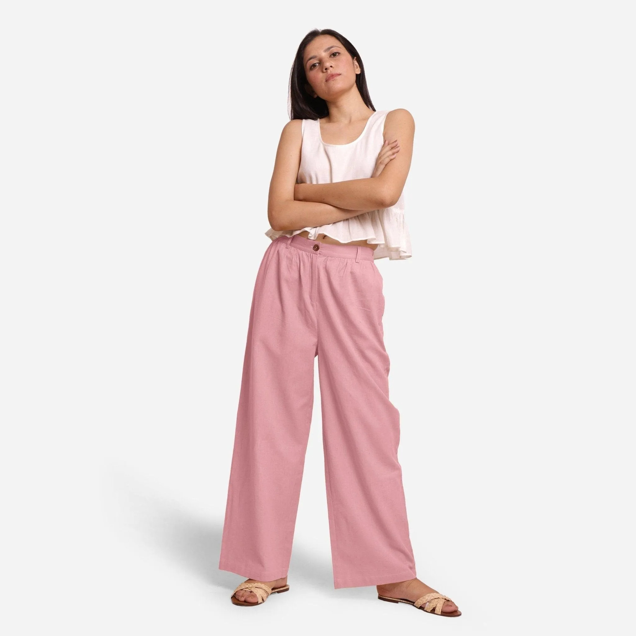 Pink Cotton Flax Elasticated Wide Legged Straight Pant