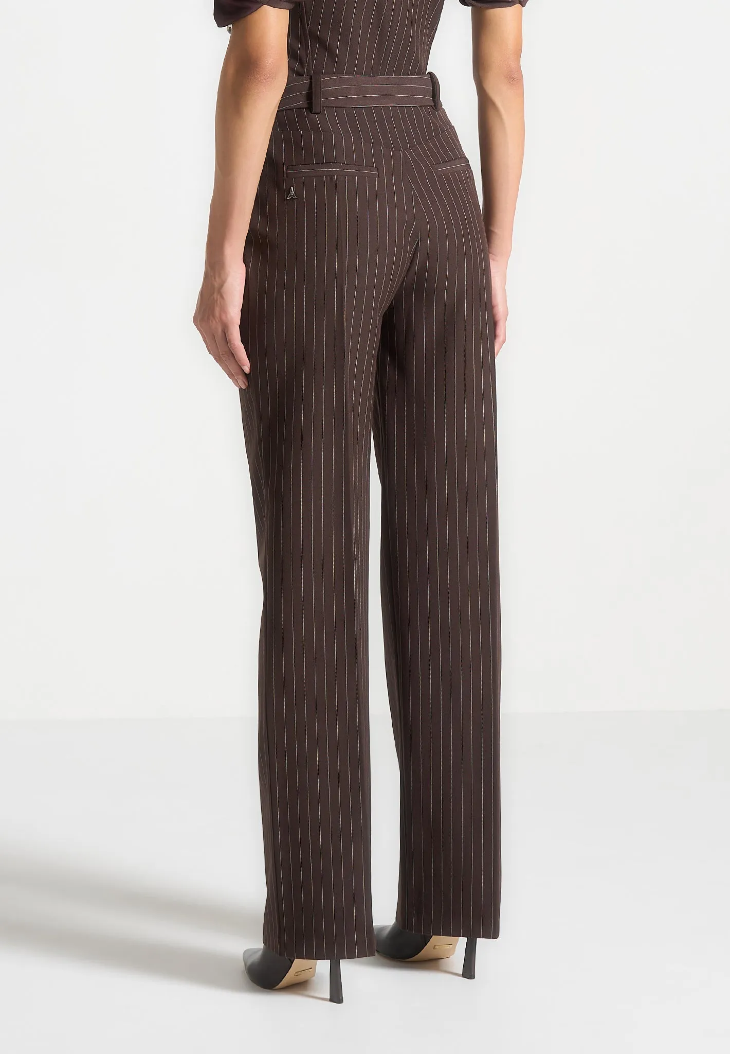 Pinstripe Twin Pleat Tailored Trousers - Brown