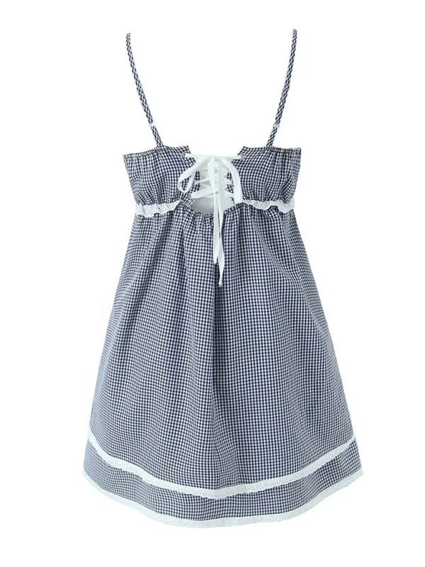 Plaid Sweetheart Empire Cami Mini Dress with Lace Accents