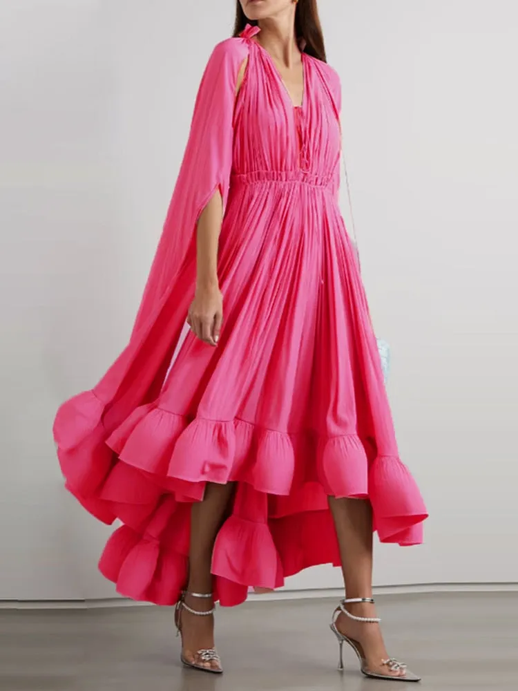 Pleated Ruffles Folds Irregular Hem Dress with Cloak Sleeves