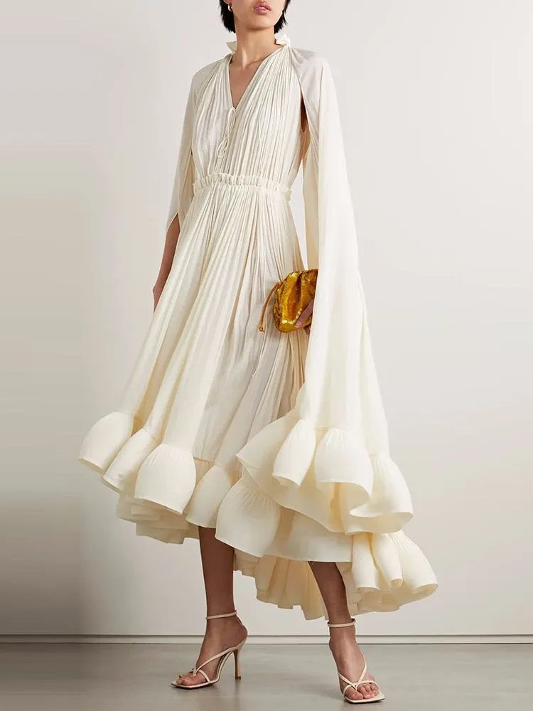 Pleated Ruffles Folds Irregular Hem Dress with Cloak Sleeves