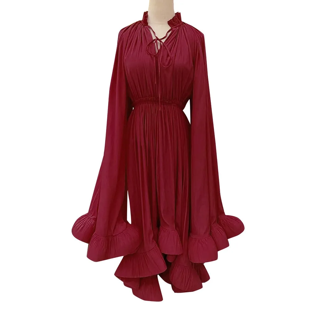 Pleated Ruffles Folds Irregular Hem Dress with Cloak Sleeves