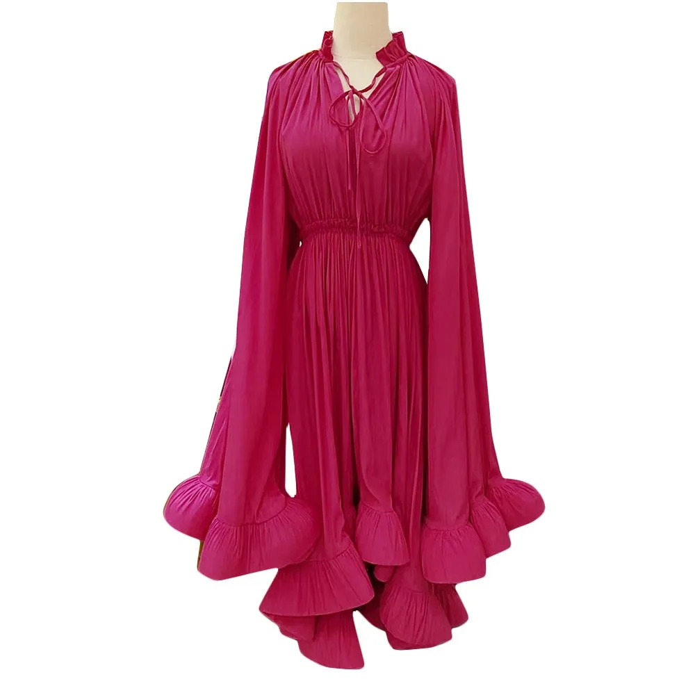 Pleated Ruffles Folds Irregular Hem Dress with Cloak Sleeves