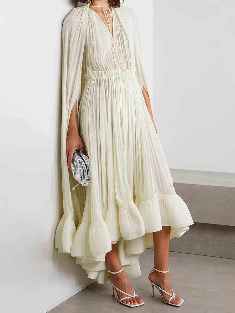 Pleated Ruffles Folds Irregular Hem Dress with Cloak Sleeves