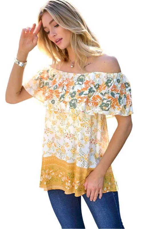 Printed Off Shoulder Smocked Top