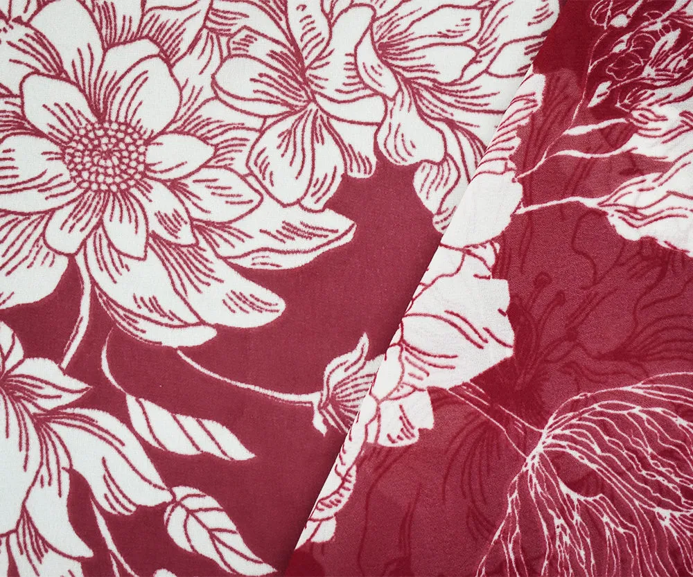 Red-Ivory Floral Printed Poly Chiffon Woven Fabric