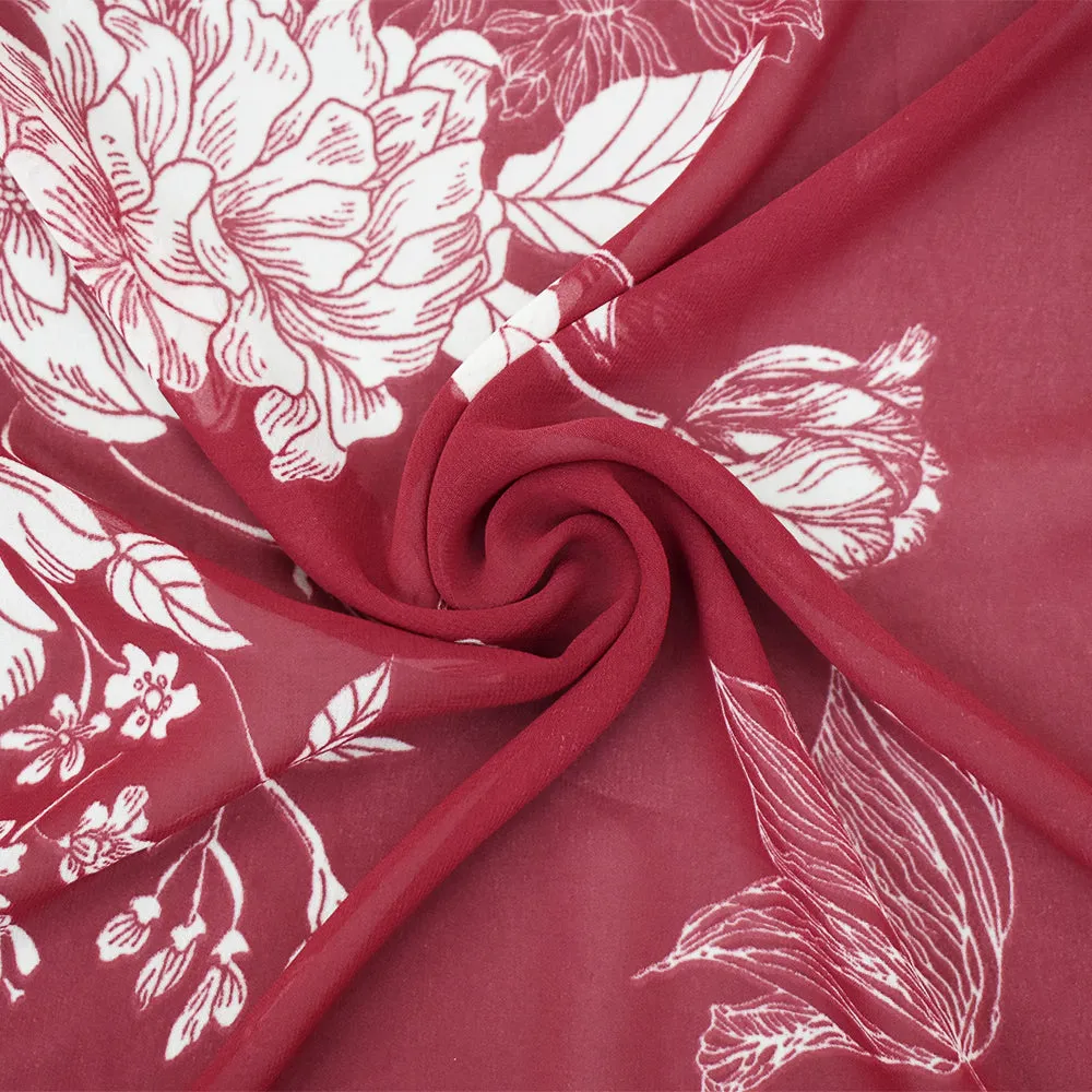 Red-Ivory Floral Printed Poly Chiffon Woven Fabric