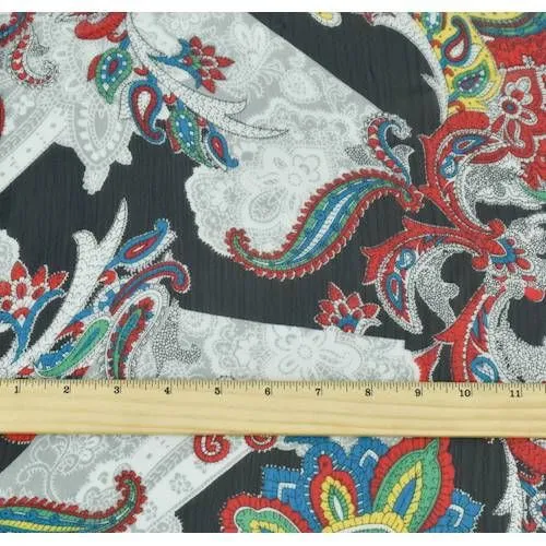 Red/Gray/Multi Paisley Print Crinkle Chiffon Fabric