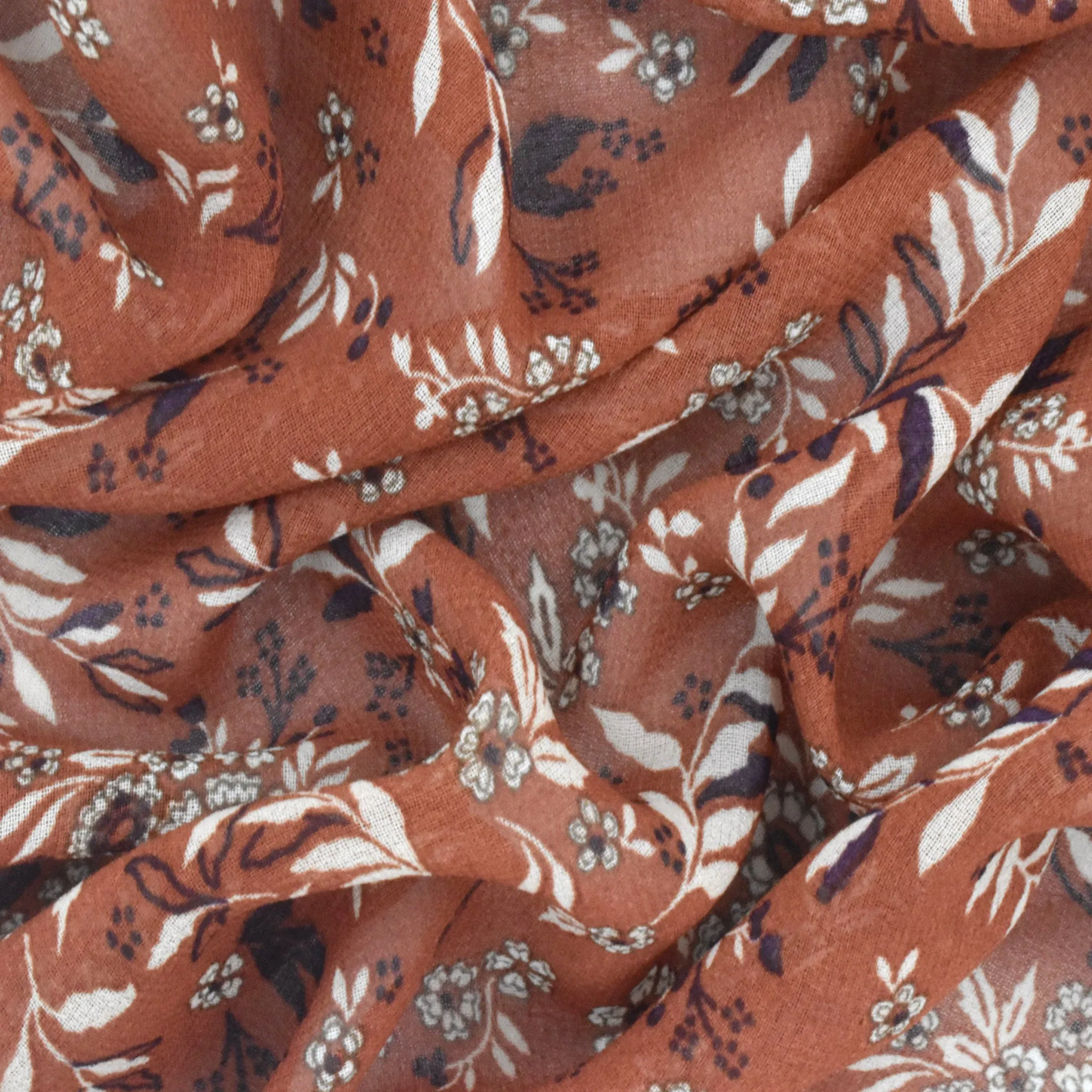 Rust Brown-Beige-Multi Floral Printed Poly Chiffon Woven Fabric