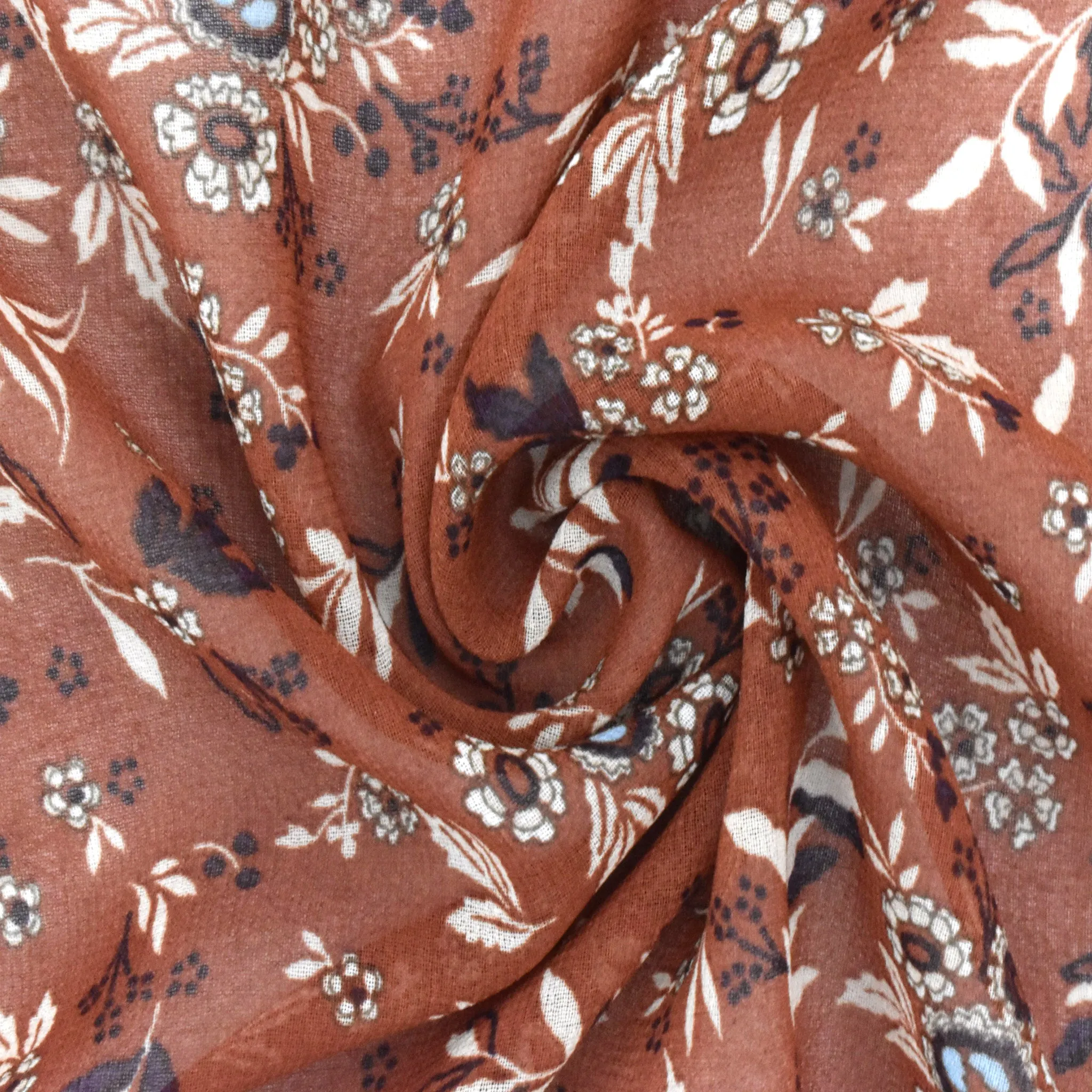 Rust Brown-Beige-Multi Floral Printed Poly Chiffon Woven Fabric