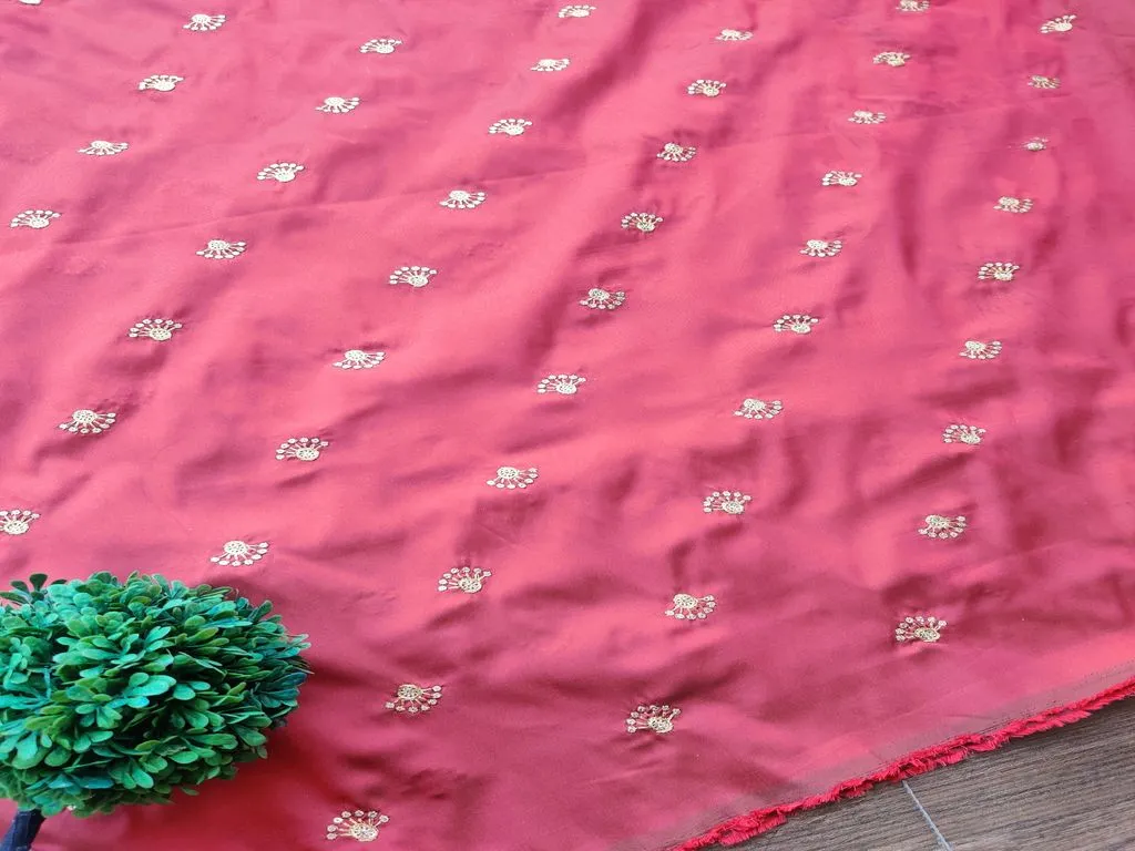 Rust Red Golden Floral Motifs Embroidered Taffeta Silk Fabric