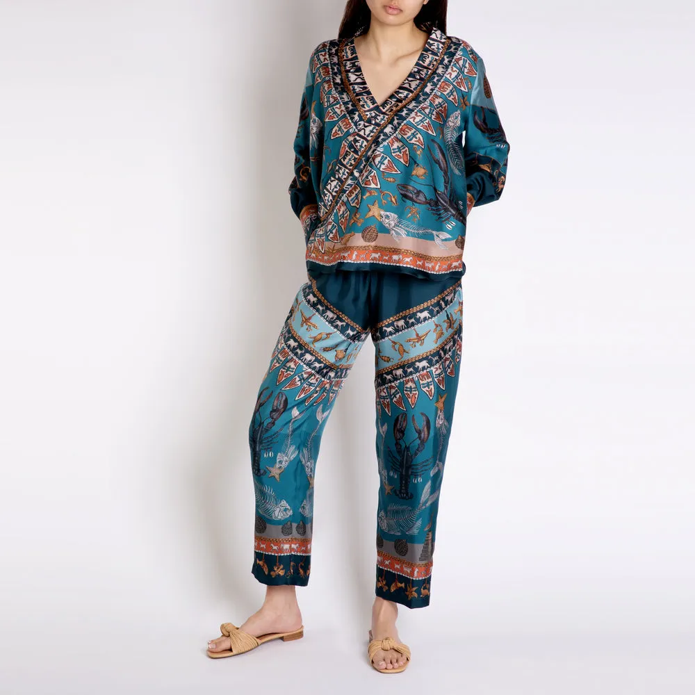 Sabina Savage "The Moon"  Divination Celebration Silk Trousers Lagoon/Fawn