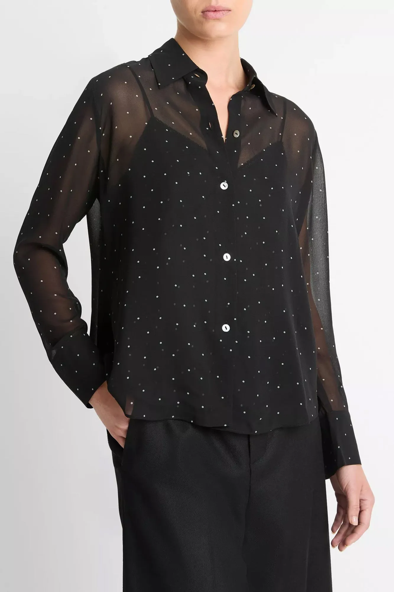 Sheer Dot-Print Blouse With Silk Lace Trim Cami Black/Grey