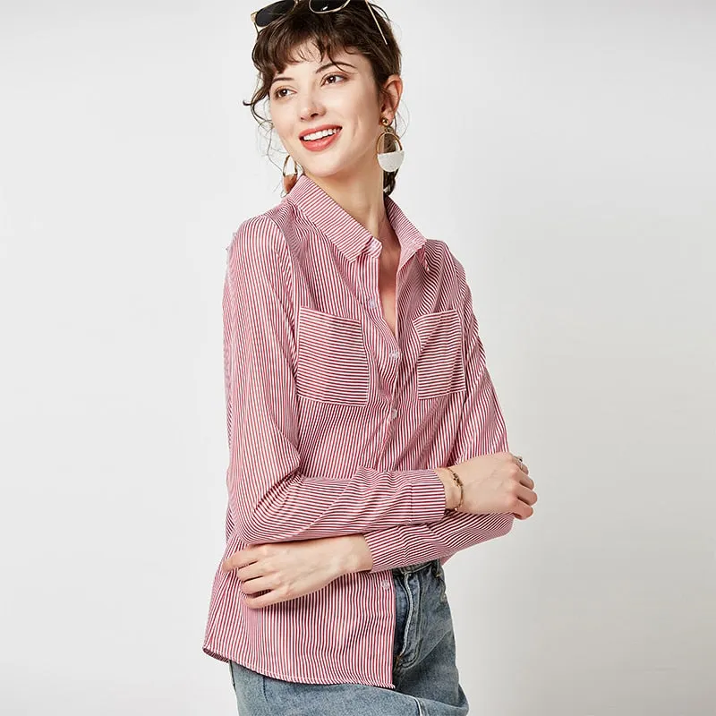 Striped Long Sleeve Shirt Women Blouse Turn