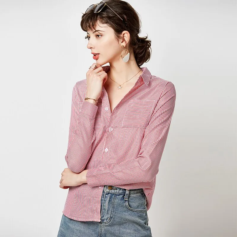 Striped Long Sleeve Shirt Women Blouse Turn