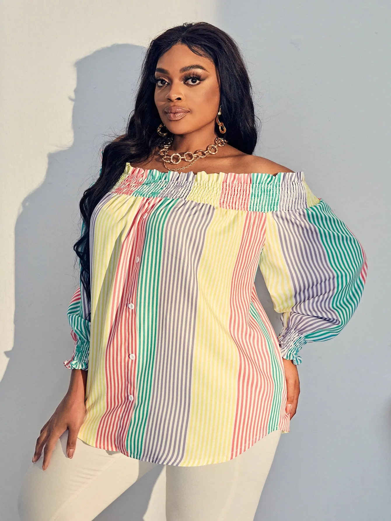 Striped Shirred Long Sleeve Off The Shoulder Regular Plus Size Blouse