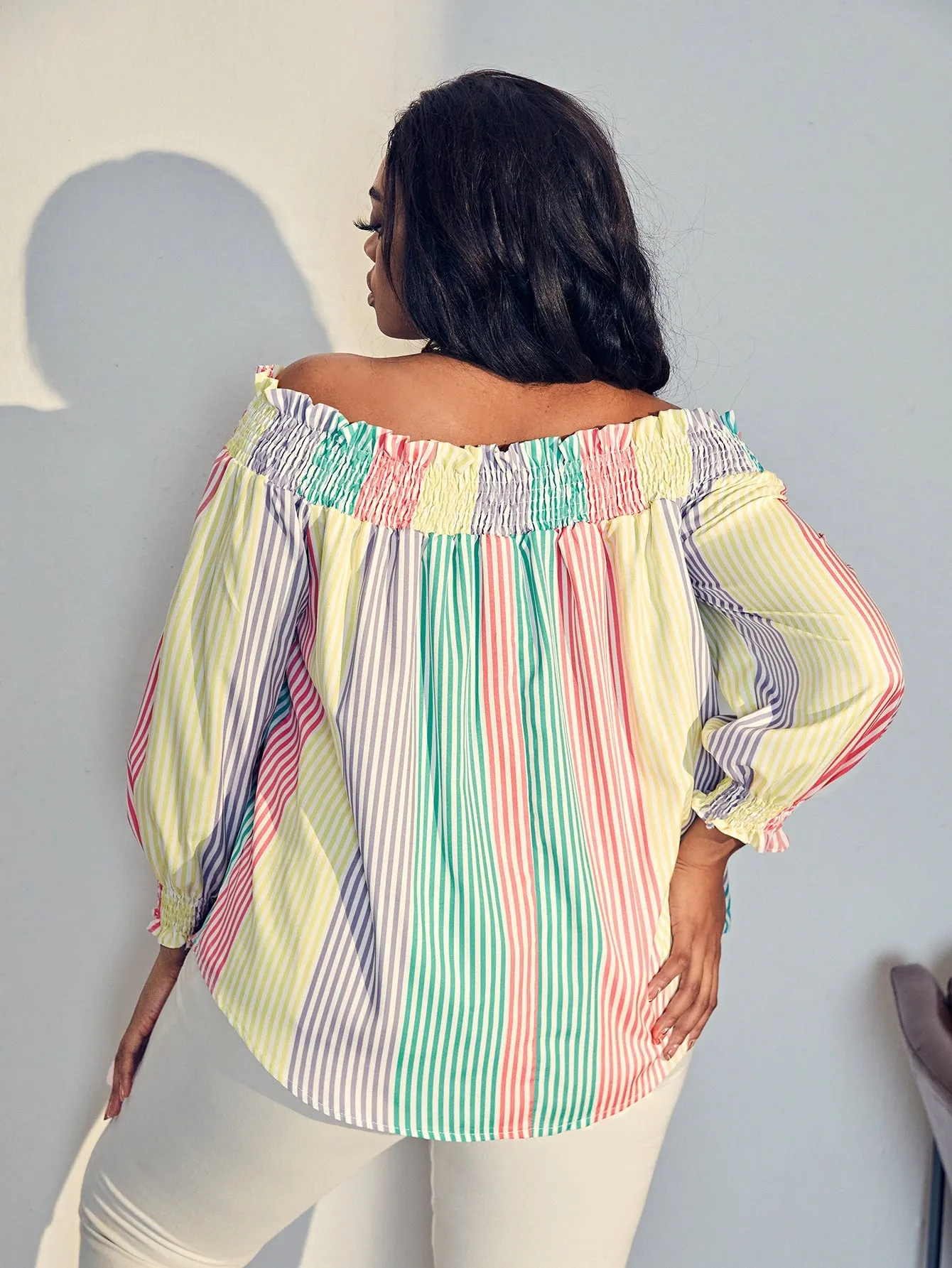 Striped Shirred Long Sleeve Off The Shoulder Regular Plus Size Blouse