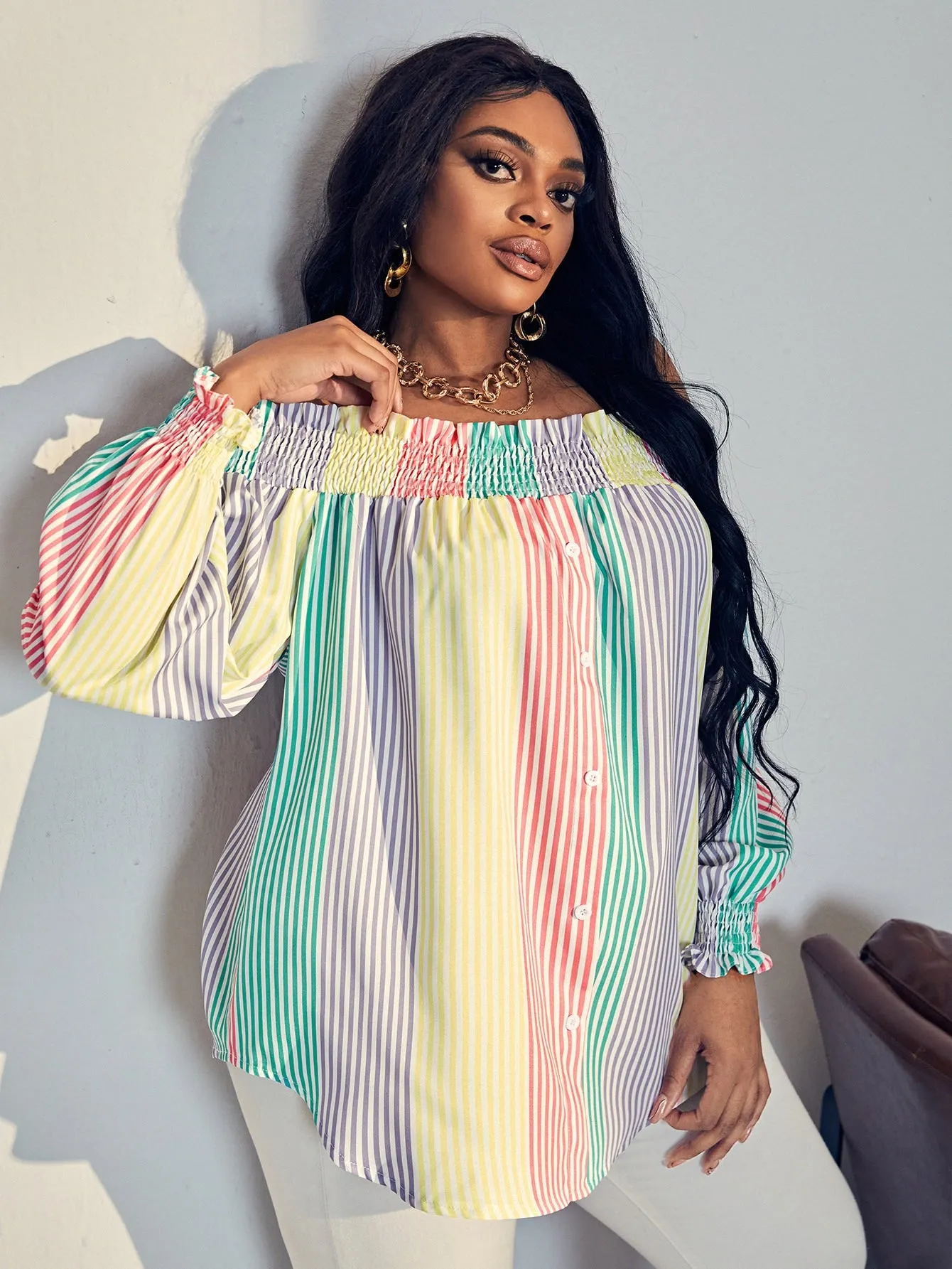 Striped Shirred Long Sleeve Off The Shoulder Regular Plus Size Blouse