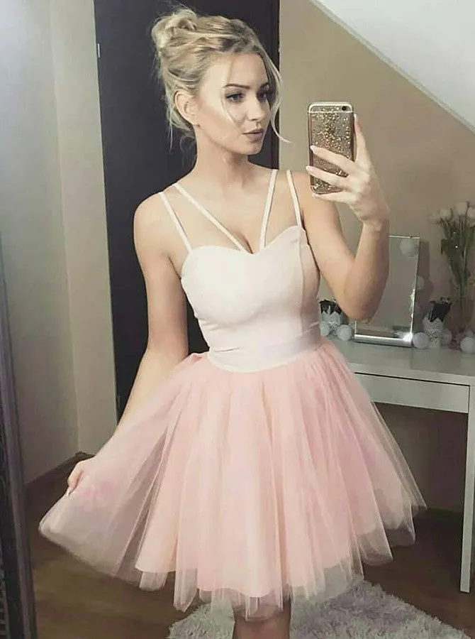 Sweet Satin & Tulle Spaghetti Straps Ball Gown Cocktail Dresses CD058