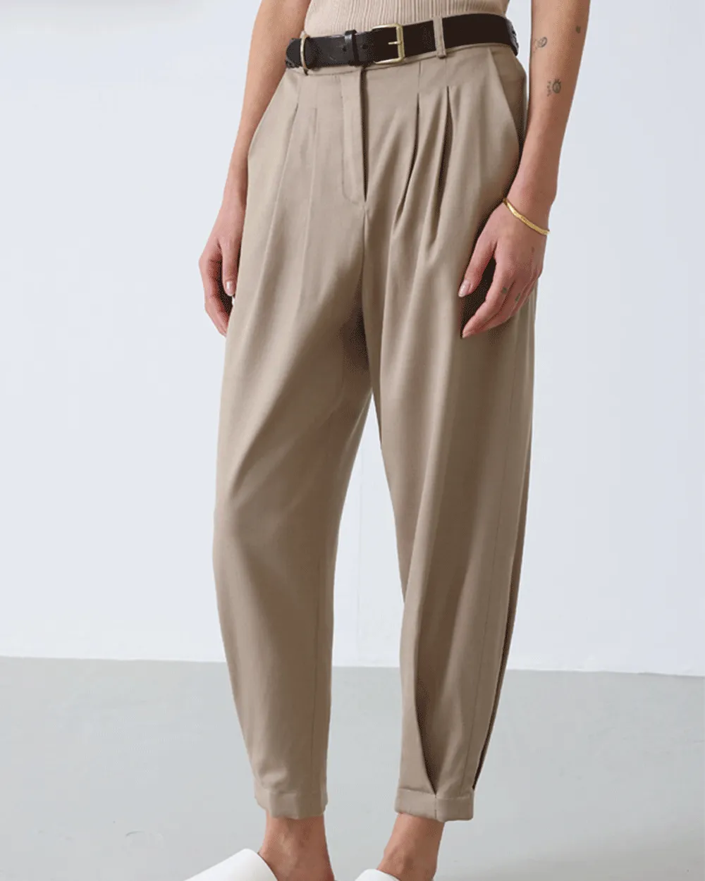 Taupe Tailored Elastic Waist Trousers