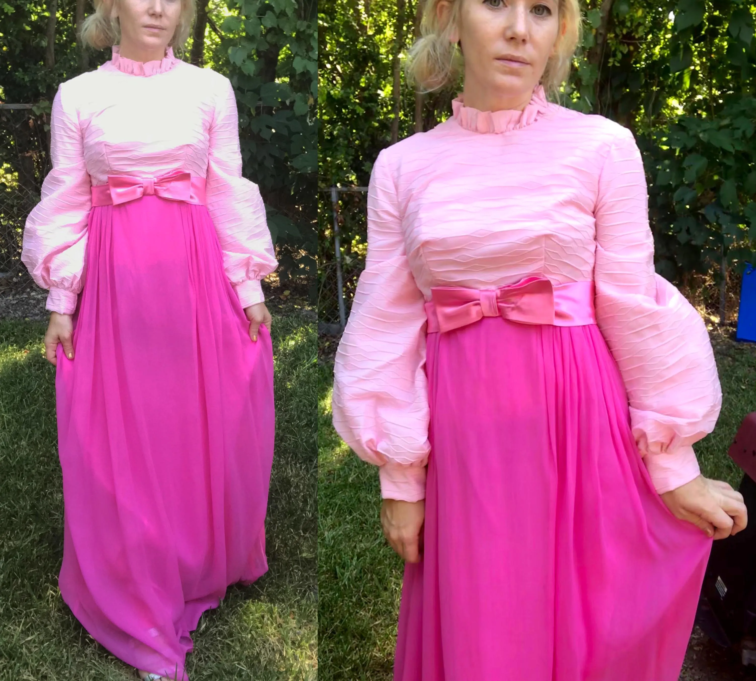 Vintage 60s 70s | Groovy Pink Balloon Sleeve Empire Waist Mod Maxi Dress | XS