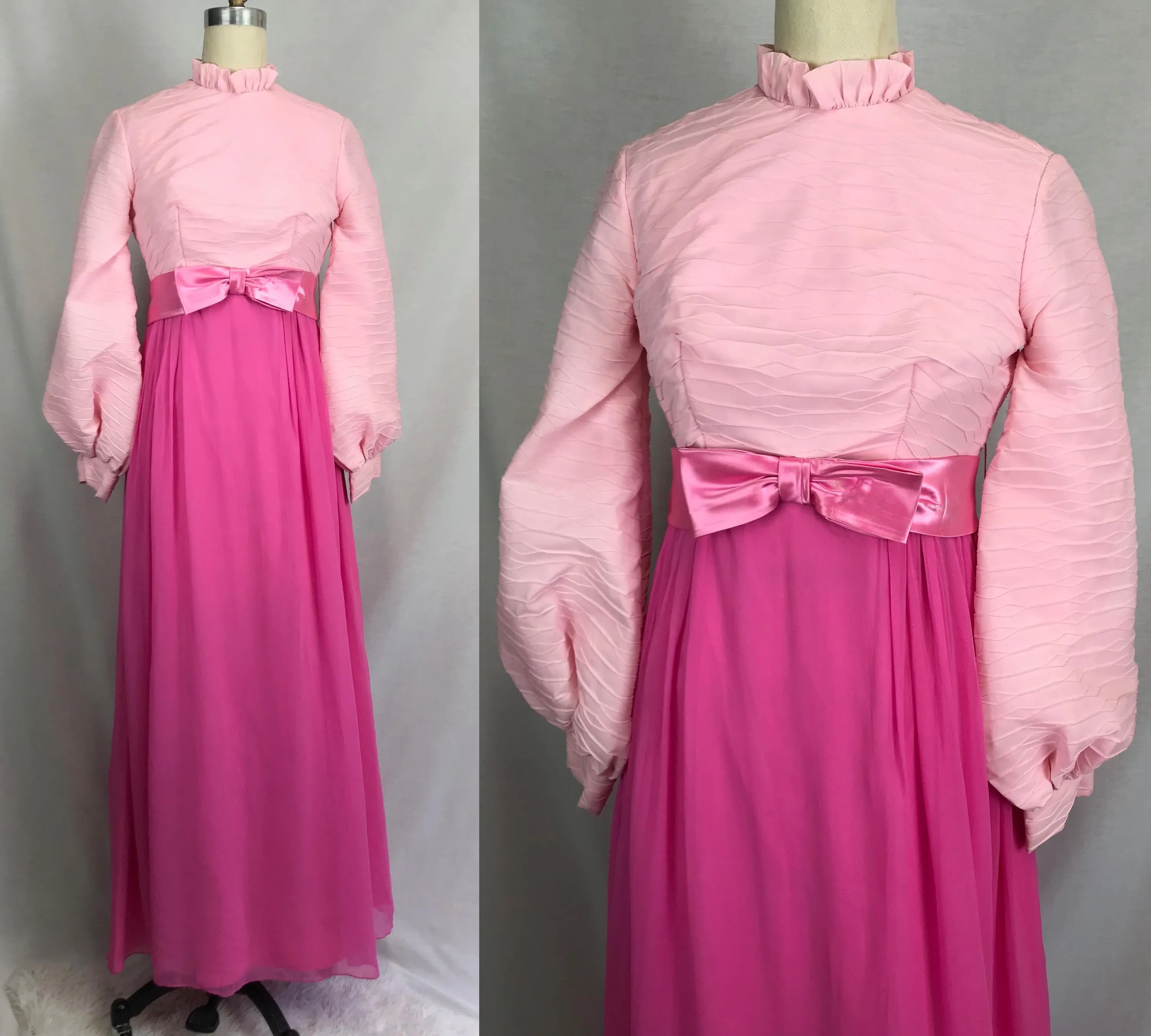 Vintage 60s 70s | Groovy Pink Balloon Sleeve Empire Waist Mod Maxi Dress | XS