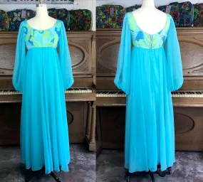 VTG 60s 70s | Groovy Psychedelic Balloon Sleeve Empire Waist Mod Maxi Dress | XS