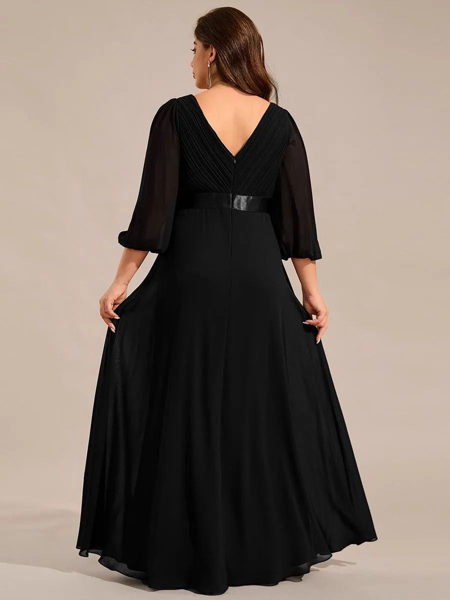 Warm Monica | Plus Size Empire Waist Pleated Chiffon Long Sleeves Formal Evening Dress