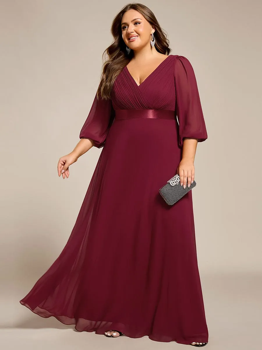 Warm Monica | Plus Size Empire Waist Pleated Chiffon Long Sleeves Formal Evening Dress