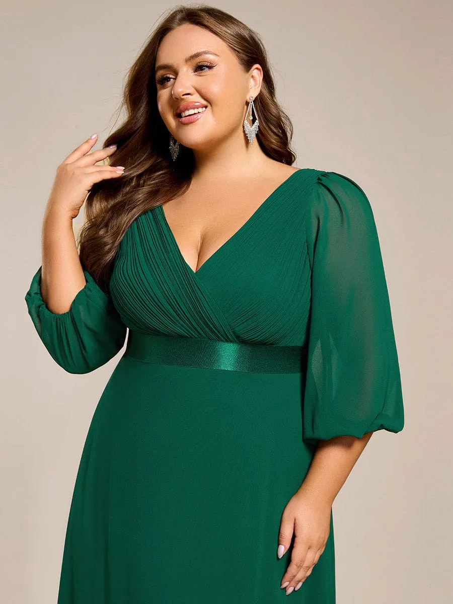 Warm Monica | Plus Size Empire Waist Pleated Chiffon Long Sleeves Formal Evening Dress