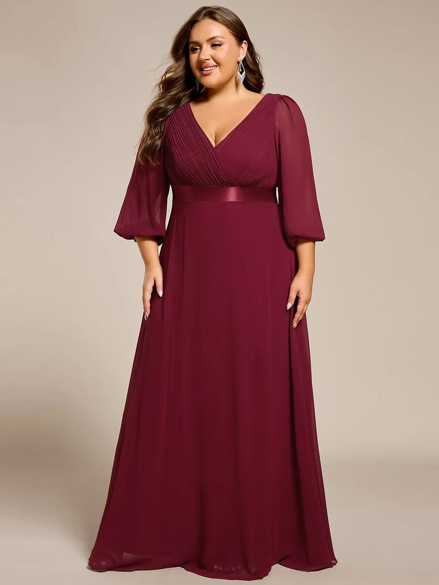 Warm Monica | Plus Size Empire Waist Pleated Chiffon Long Sleeves Formal Evening Dress