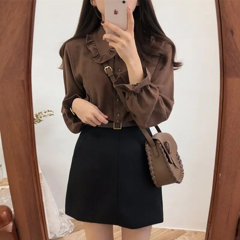 Wenkouban Shirts Blouses Women Fashion Design Girl Preppy Style Flare Sleeve Tops Crew Neck Solid Shirt Autumn Spring Brown Button Coats