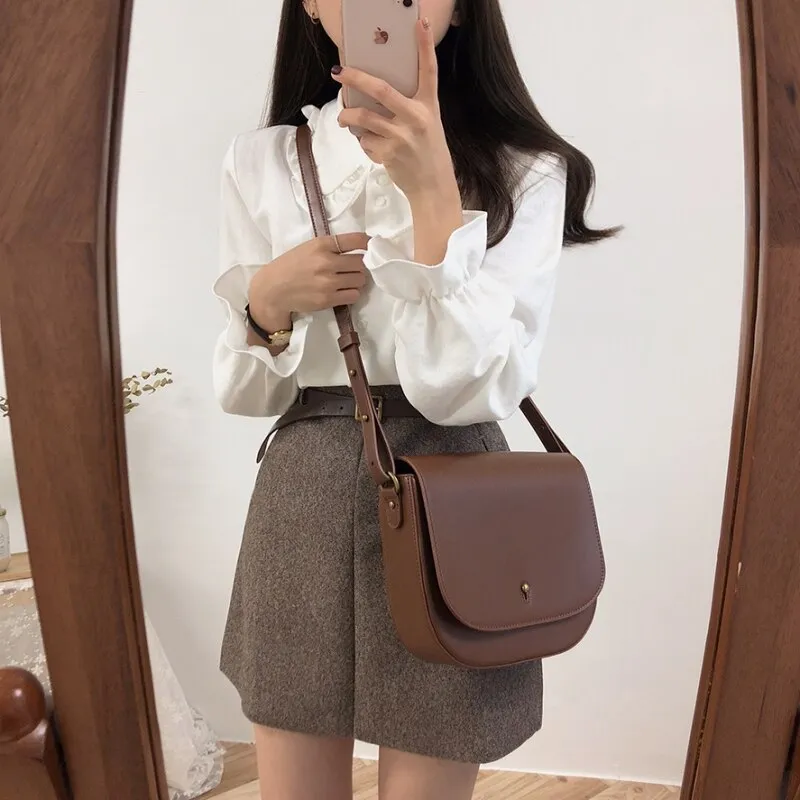 Wenkouban Shirts Blouses Women Fashion Design Girl Preppy Style Flare Sleeve Tops Crew Neck Solid Shirt Autumn Spring Brown Button Coats