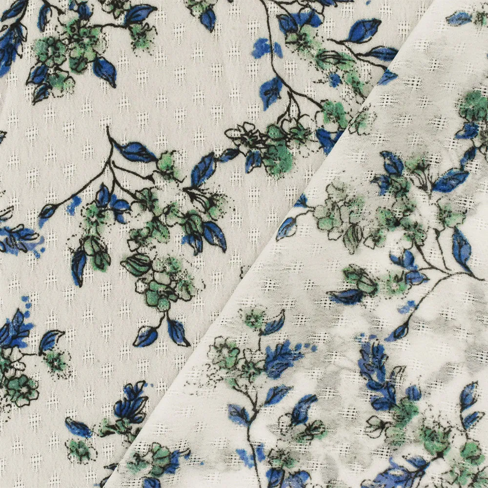 White-Blue-Multi Floral Printed Poly Dobby Chiffon Woven Fabric