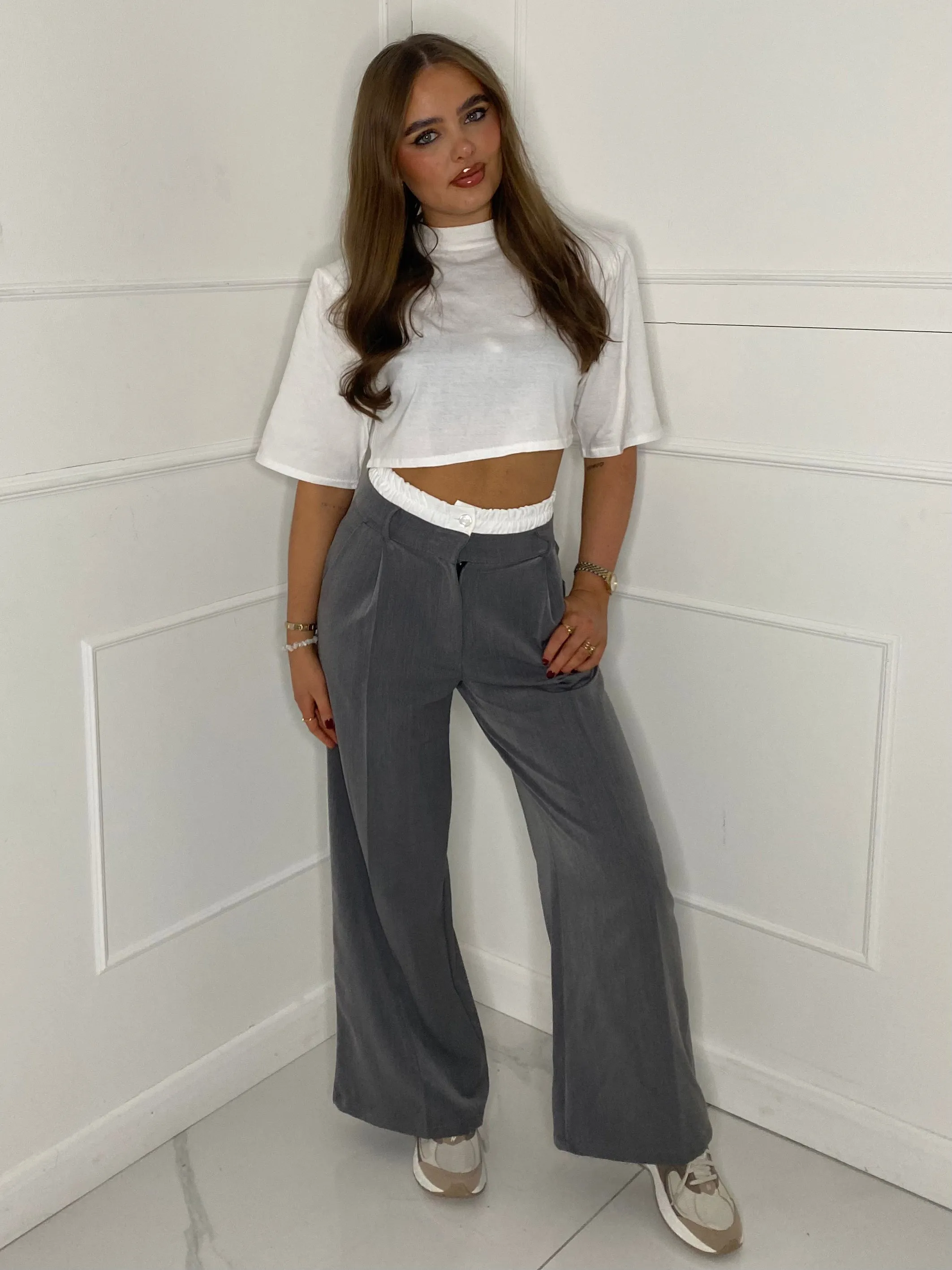 White Detail Tailored Trousers - Grey