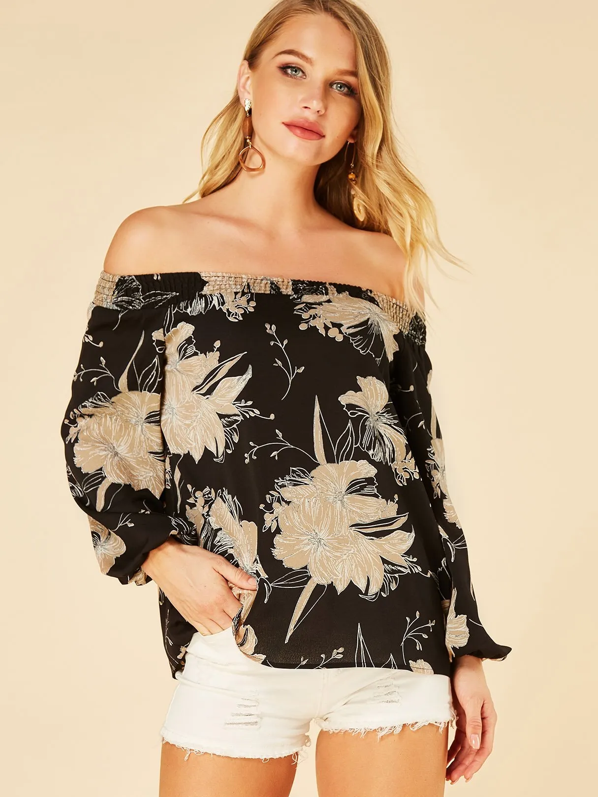 Wholesale Off The Shoulder Floral Print Long Sleeve Black Blouse