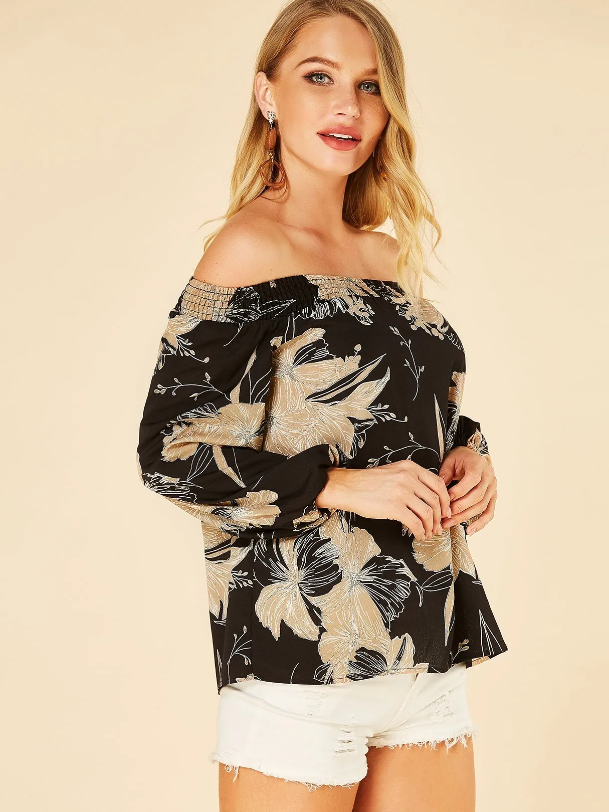 Wholesale Off The Shoulder Floral Print Long Sleeve Black Blouse