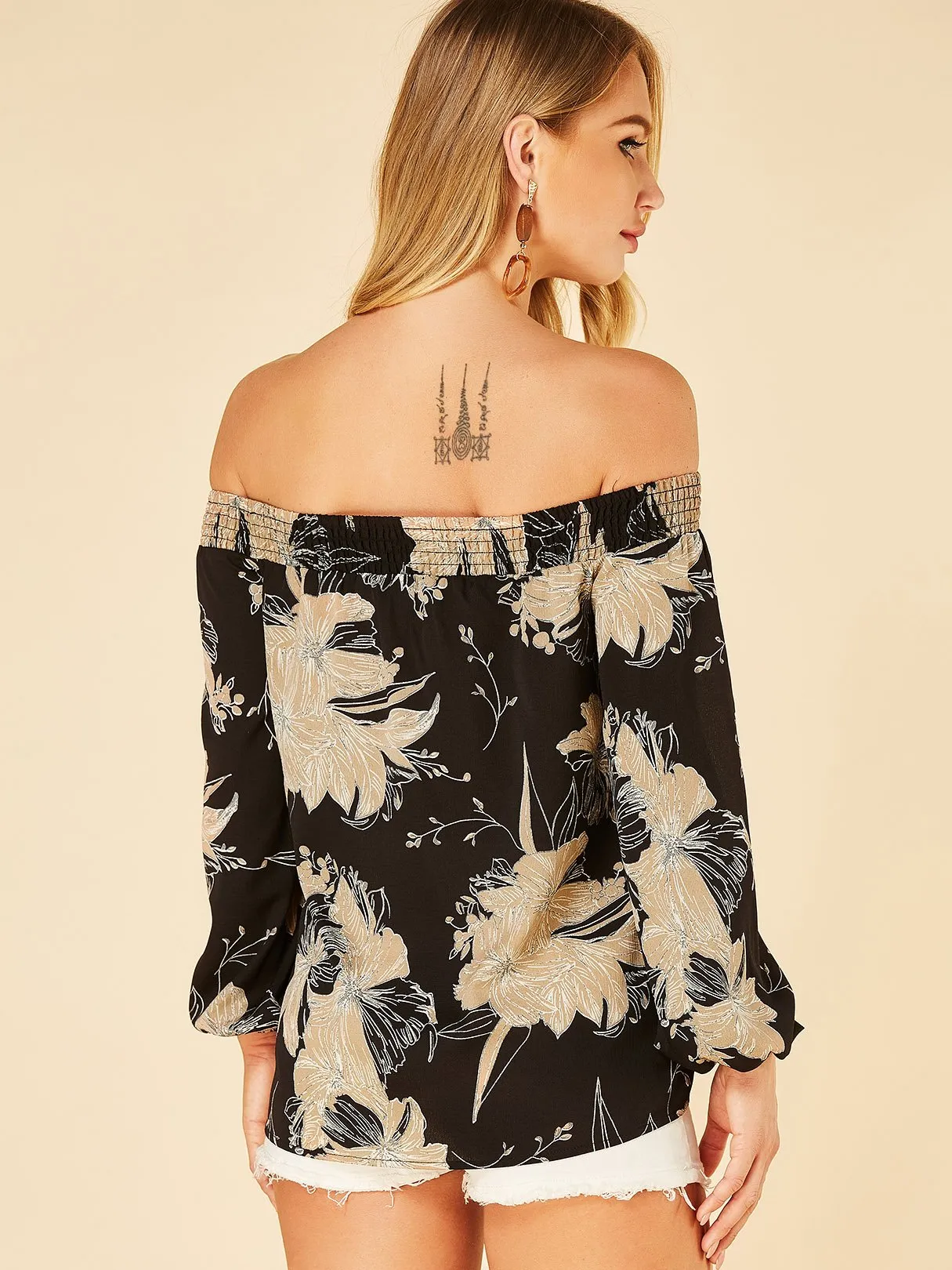 Wholesale Off The Shoulder Floral Print Long Sleeve Black Blouse