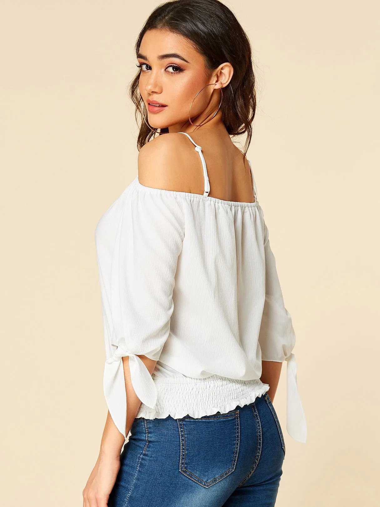 Wholesale Off The Shoulder Plain Spaghetti Strap Self-Tie Lace Insert Half Sleeve White Blouses