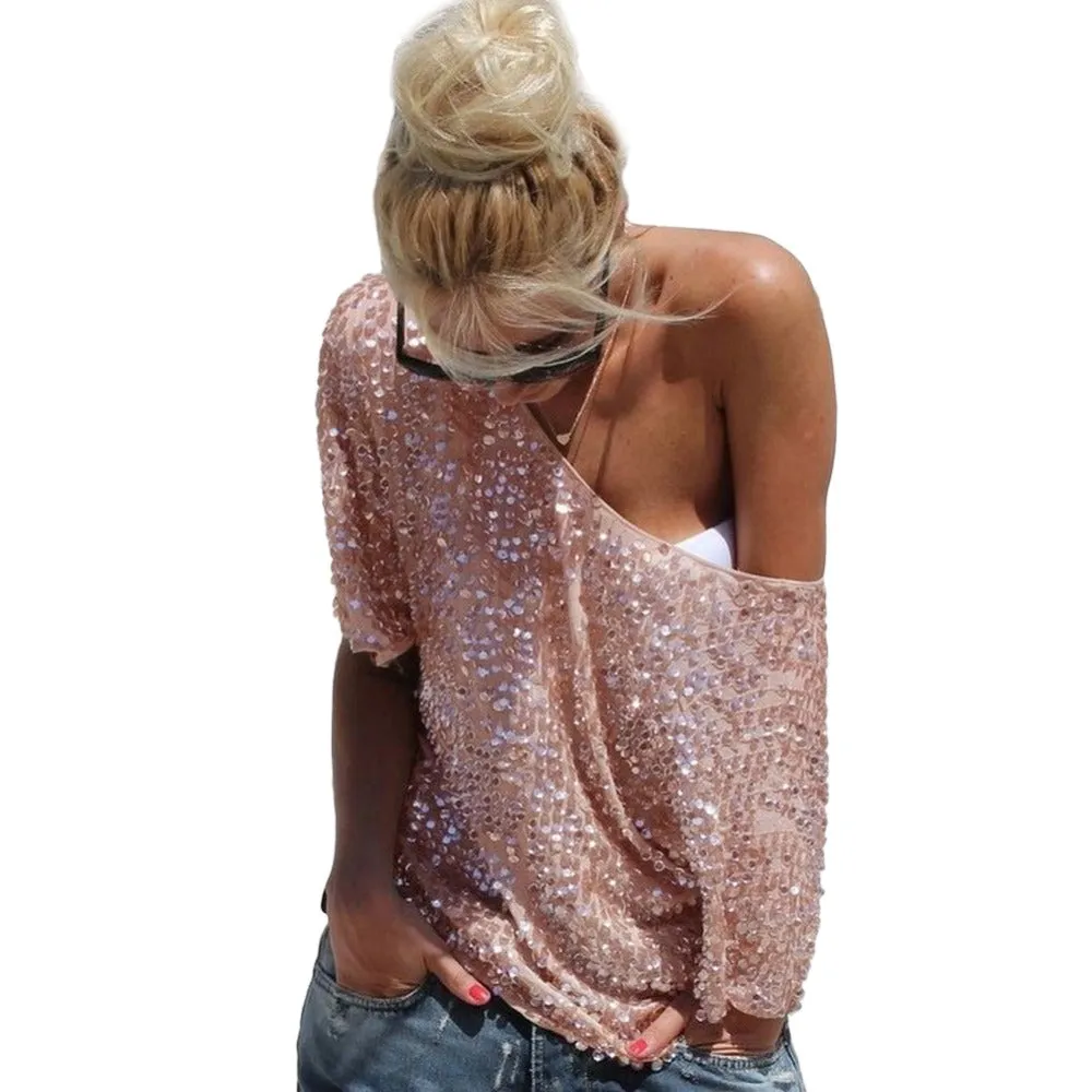 Women Off Shoulder Sequin Glitter Blouses