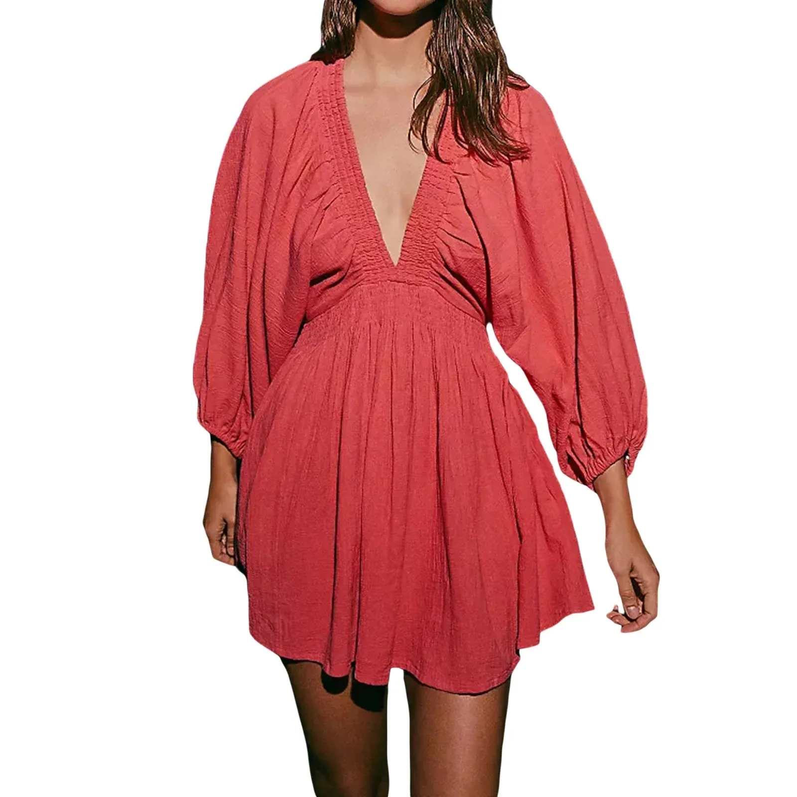 Women's Smocked Waistband Mini Dress with Lantern Sleeves