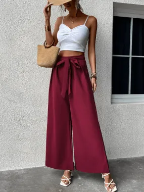 Women's Wide Leg Tailored Trousers With Tie Waist Detail